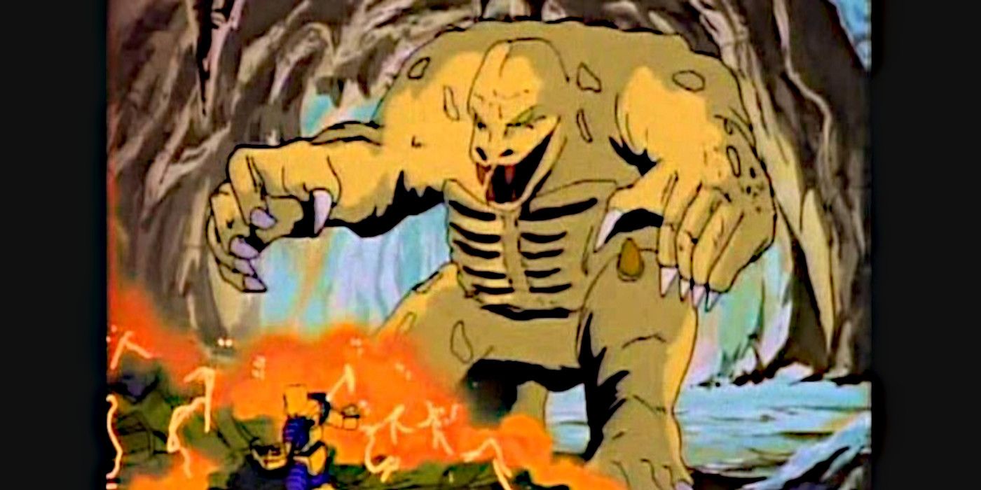 A large yellow monster towers over a human in Inhumanoids