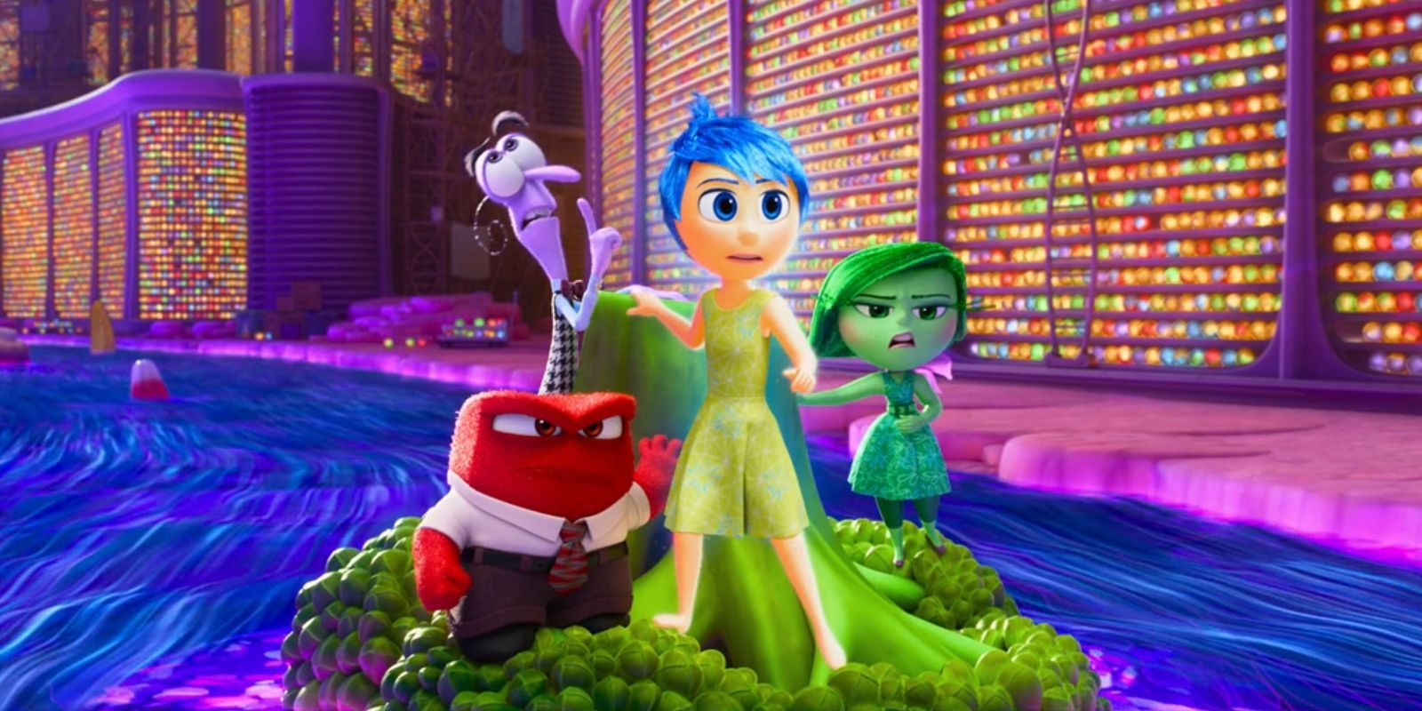 Joy, Anger, Fear and Disgust float down a stream on a stalk of broccoli in 'Inside Out 2'.