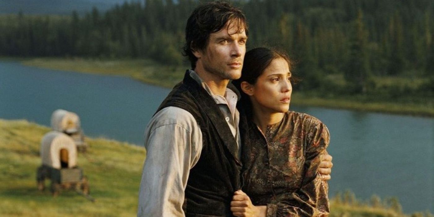 Jacob Wheeler (Matthew Settle) and his wife Thunder Heart Woman (Tonantzin Carmelo) looking out at the plains in &lsquo;Into the West&rsquo;