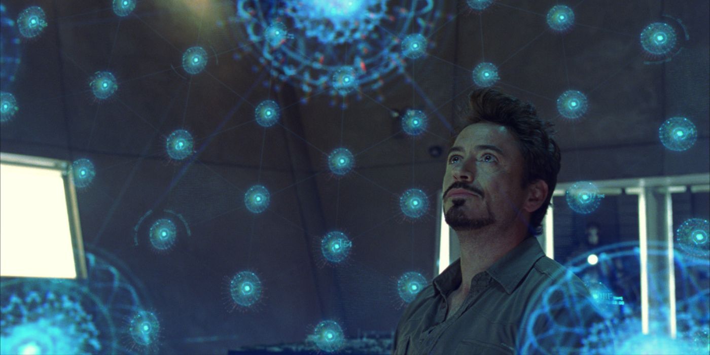 Tony Stark looking at holographic dots in Iron Man 2