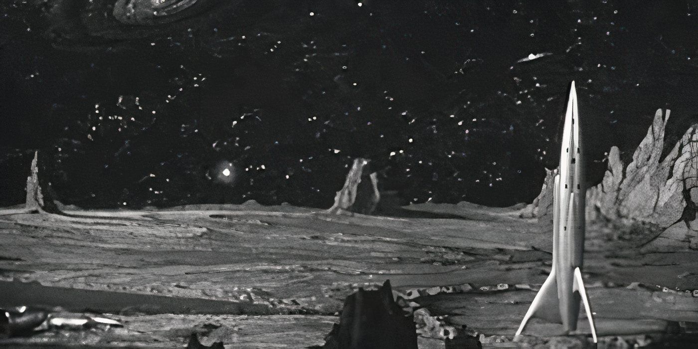 A view of a rocket on the moon in It! The Terror from Beyond Space