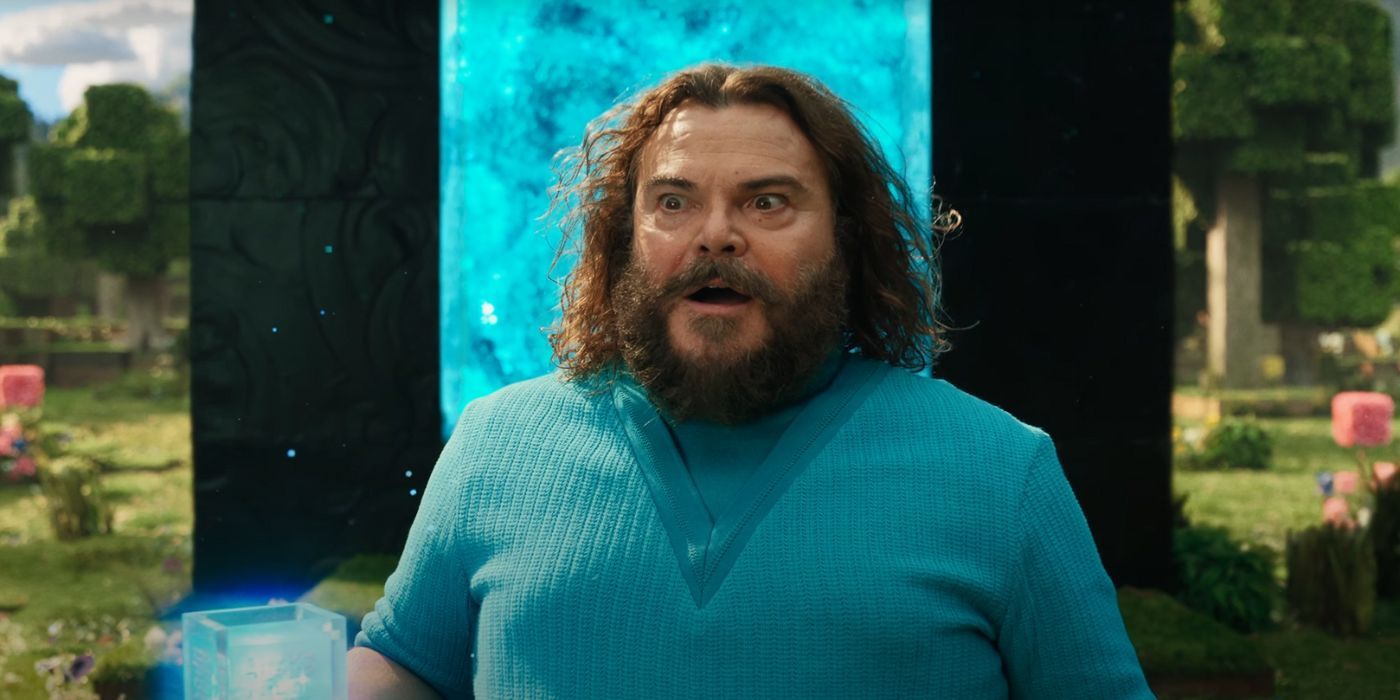 Jack Black as Steve in Minecraft walking through an ender portal.