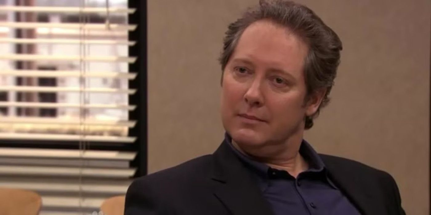 James Spader looks inquisitive as Robert California in The Office.