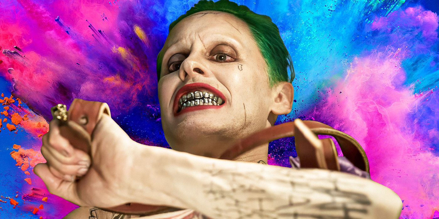 Custom image of Jared Leto as the Joker in Suicide Squad, in front of a pink and blue background