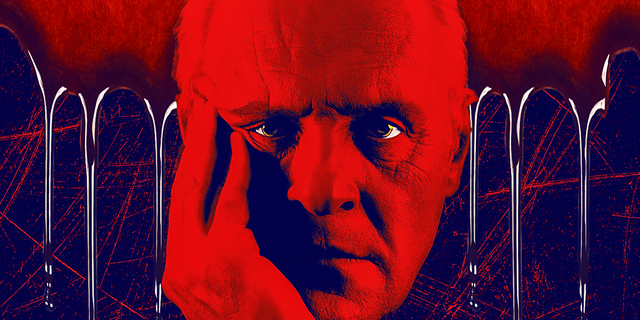 Hannibal Lecter, played by actor Anthony Hopkins, with his chin resting on his hand, with blood dripping down behind him.