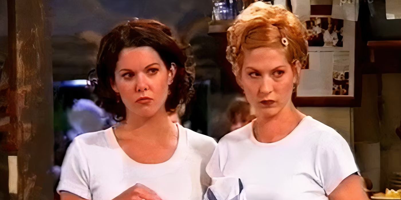 Jenna Elfman and Lauren Graham wear white t-shirts and look sternly off camera