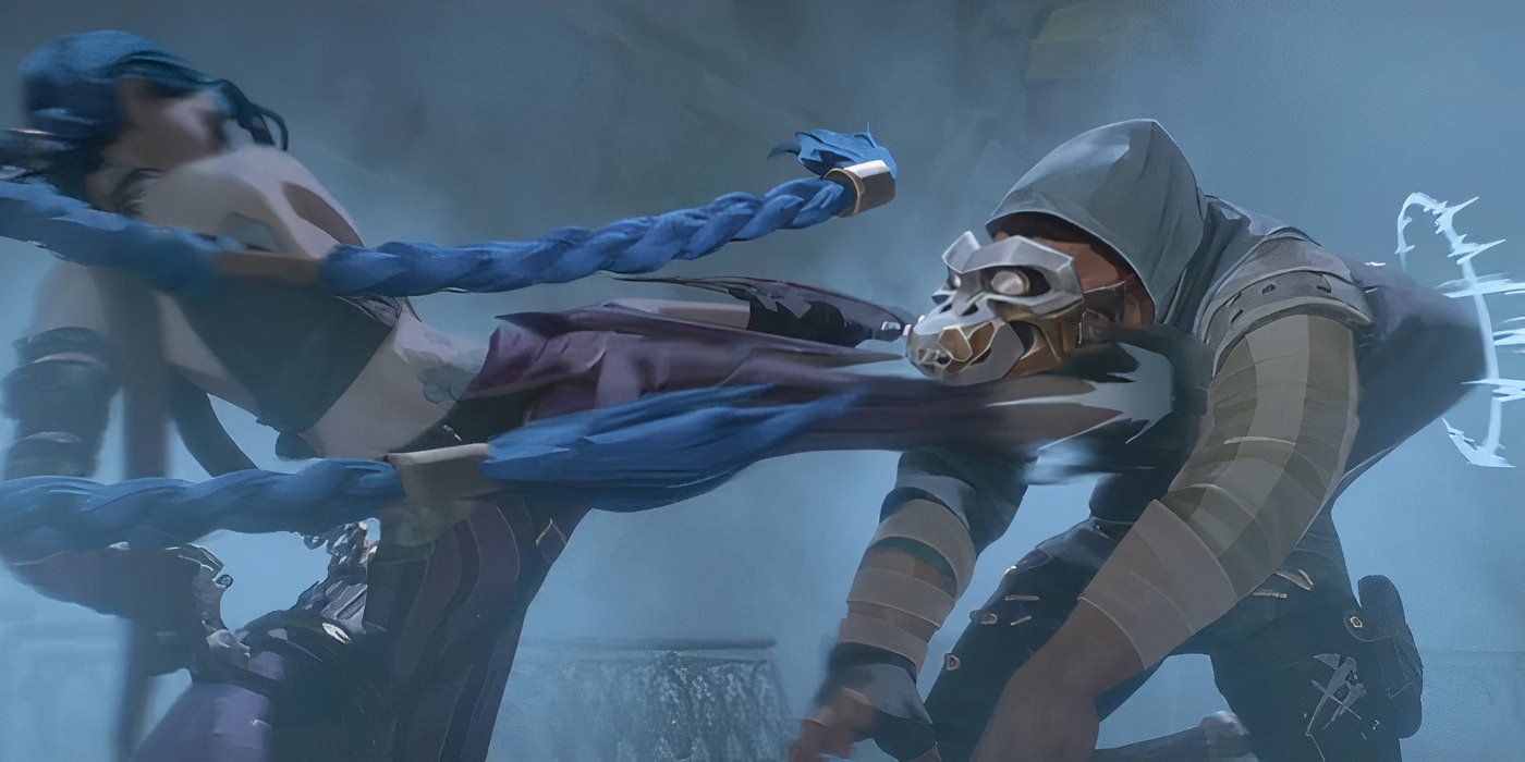 Jinx kicking a Firelight in the stomach in Arcane