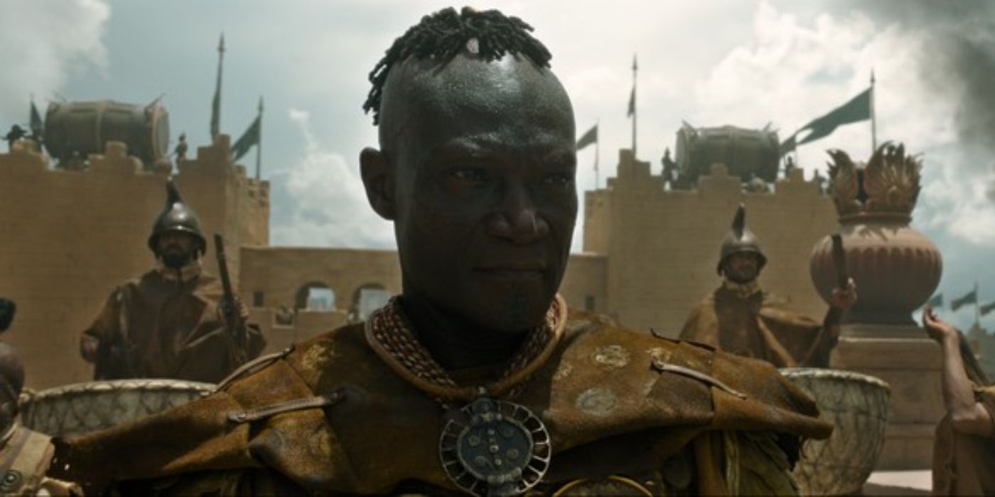 A closeup still of Jubartha from &lsquo;Gladiator II&rsquo; standing ready for battle in Numidia against the Roman army