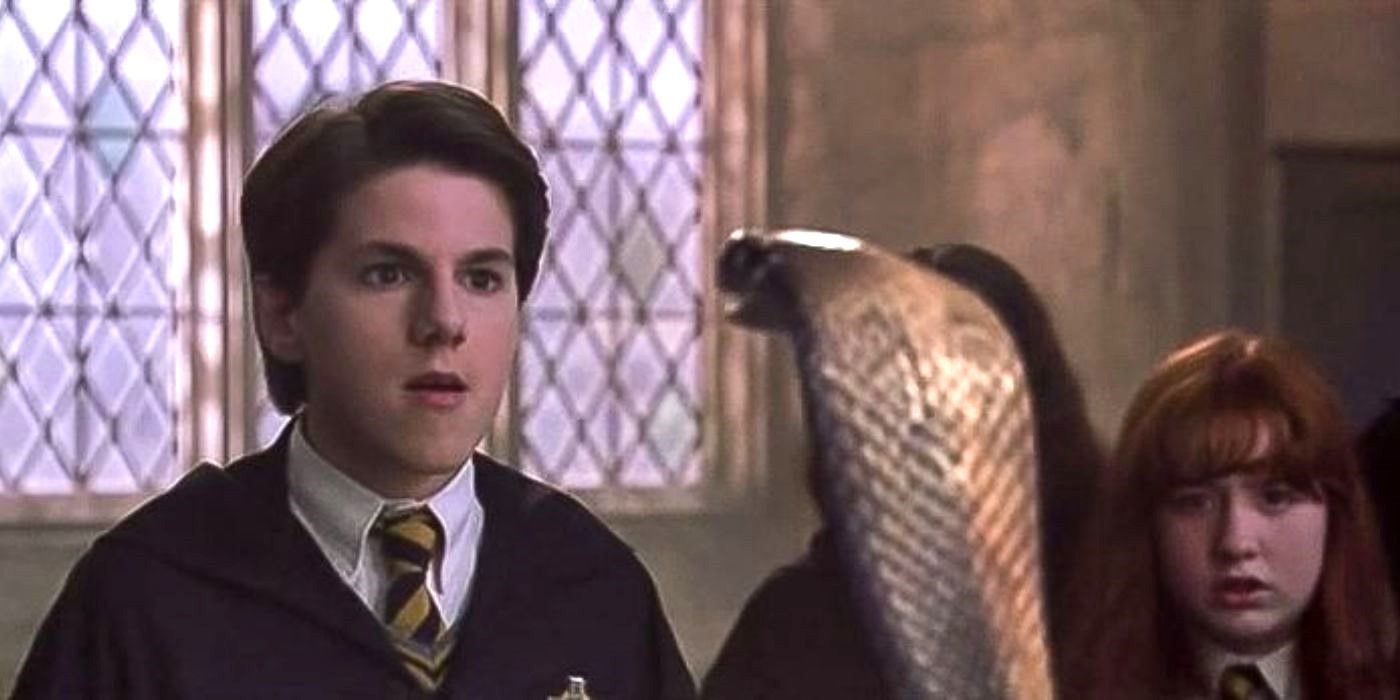 Justin Finch-Fletchley stares in terror at a snake in the Harry Potter series.