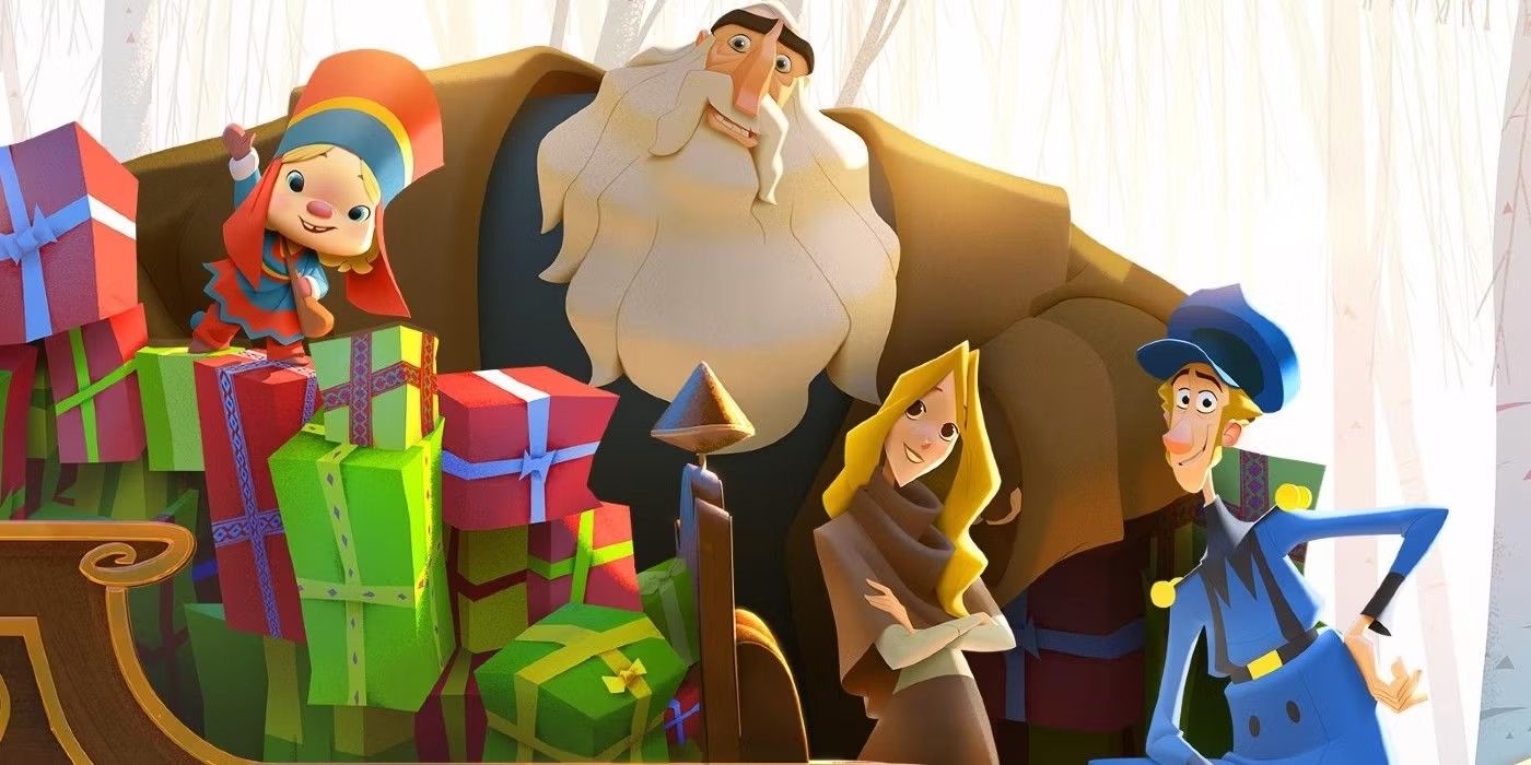 The primary characters: Jesper, Alva, and Klaus next to a sleigh full of presents in Klaus.