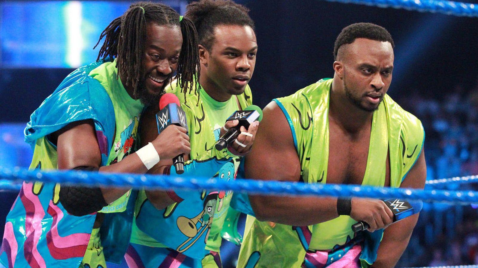 An image of WWE&rsquo;s New Day, featuring Kofi Kingston, Xavier Woods and Big E