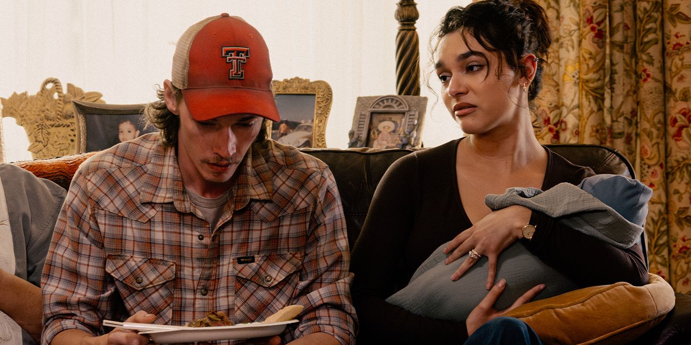 Jacob Lofland and Paulina Chavez on a couch with a baby in Landman