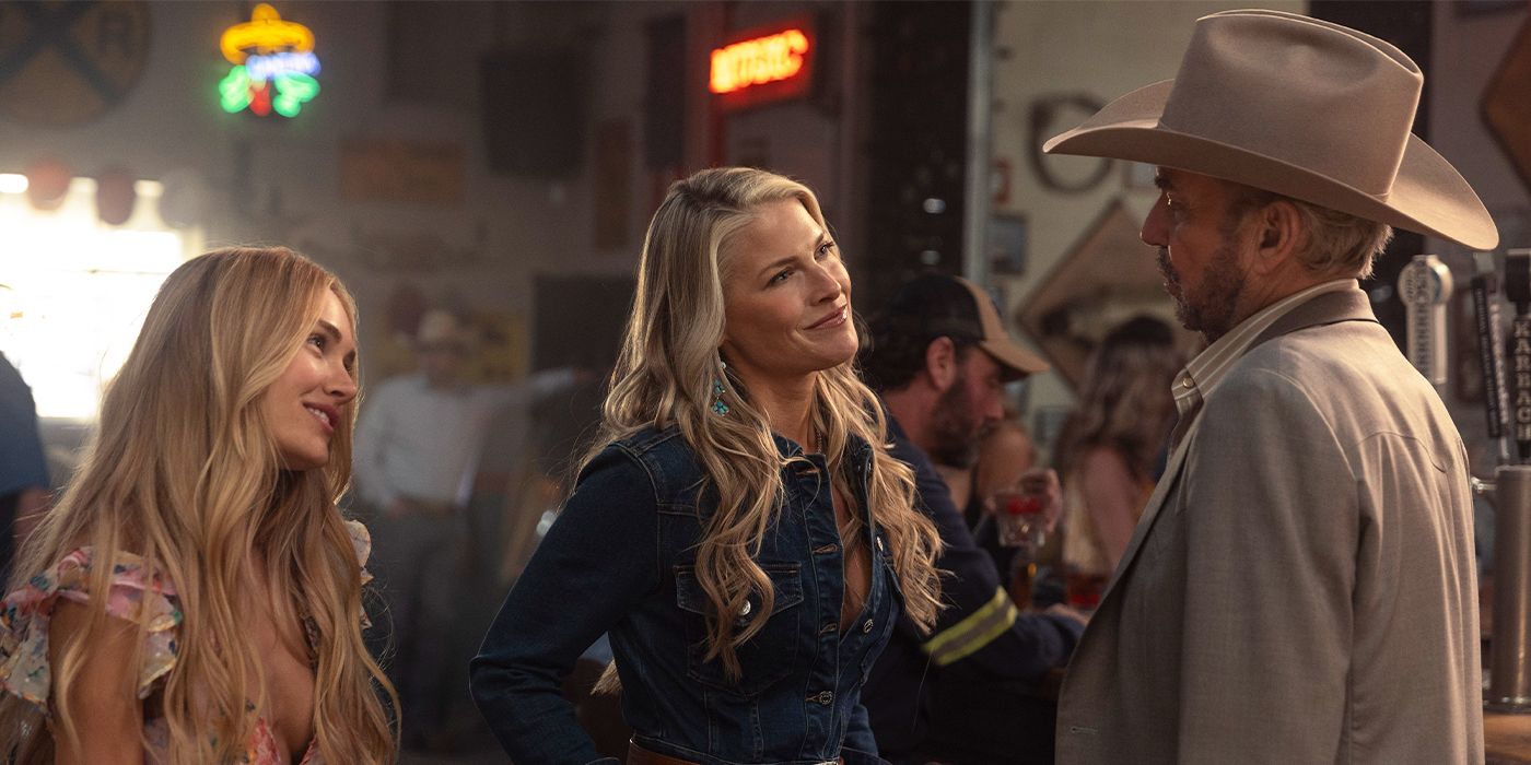 Ainsley (Michelle Randolph), Angela (Ali Larter), and Tommy Norris (Billy Bob Thornton) smiling and talking in a bar on Landman