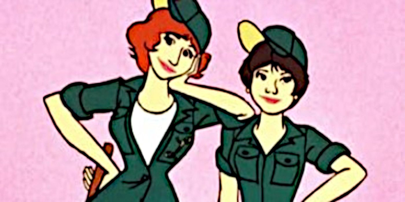 An animated Laverne and Shirley stand in green army fatigues  in Laverne & Shirley the Animated Series