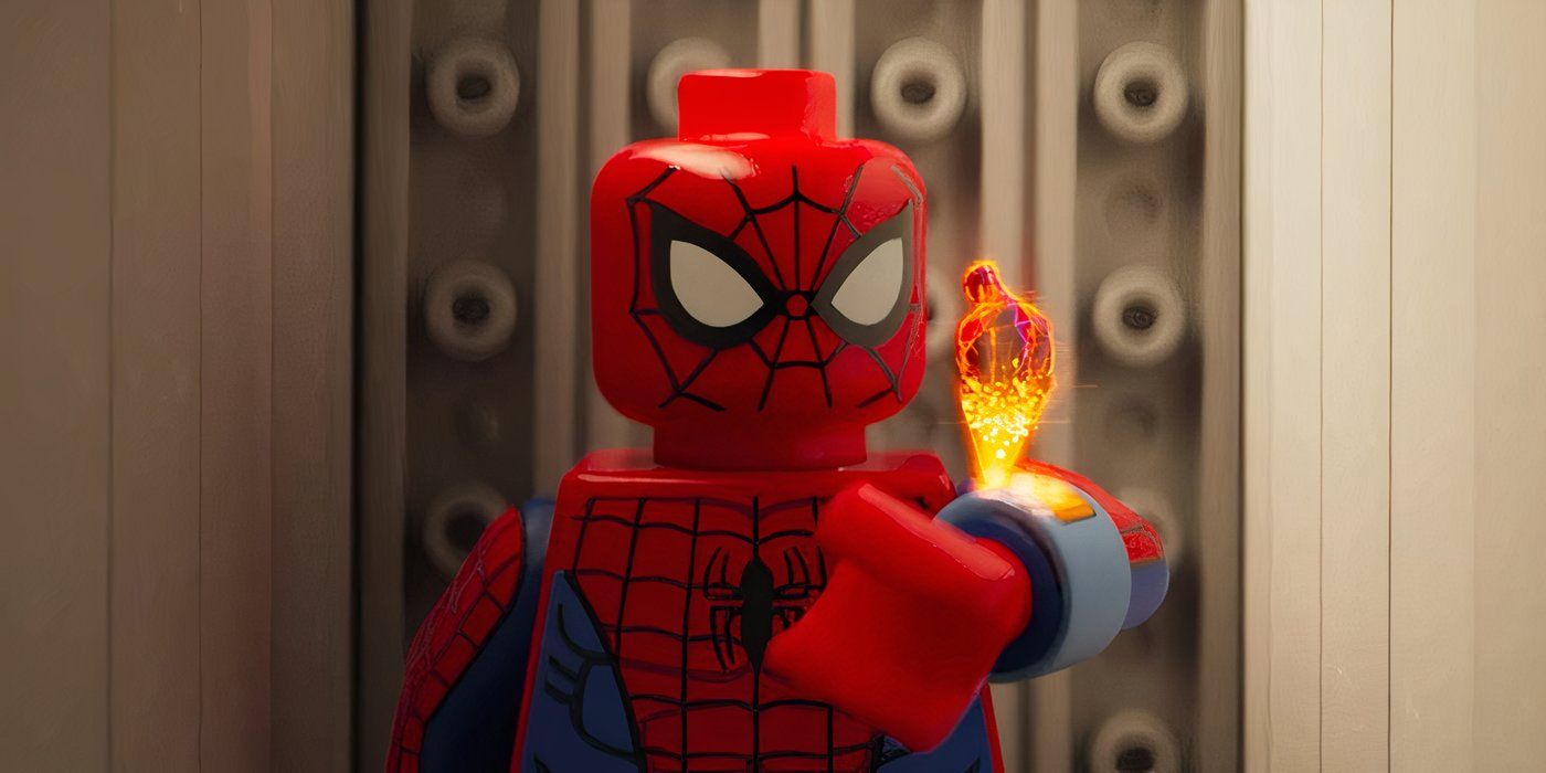 LEGO Spider-Man talking to Spider-Man 2099 hologram in Spider-Man: Across the Spider-Verse