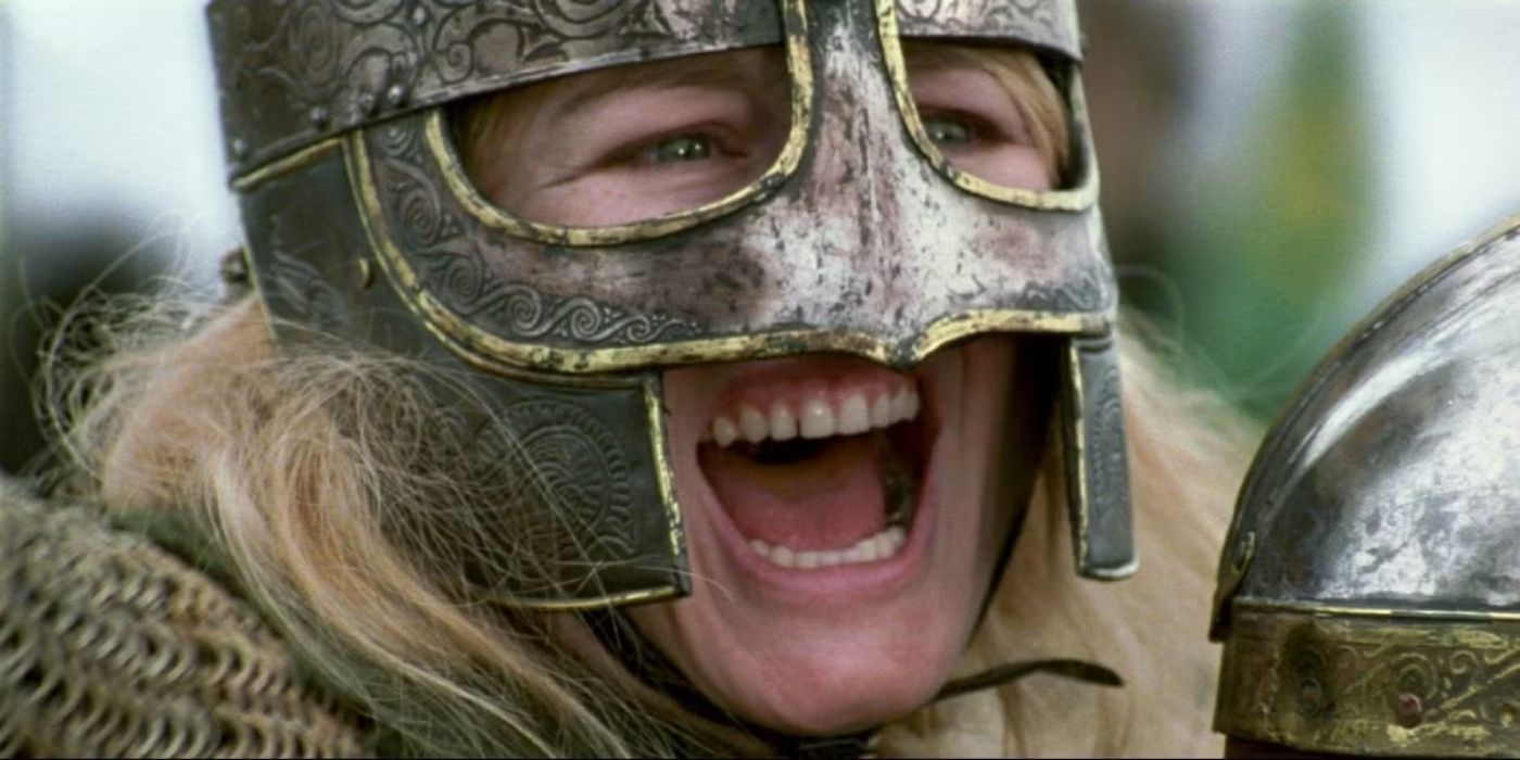 Eowyn, played by Miranda Otto, screaming in battle in The Lord of the Rings: Return of the King.