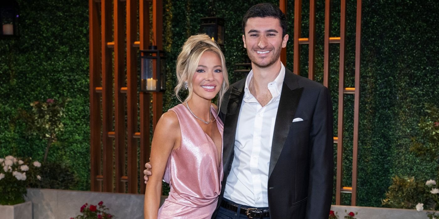 Brittany Wisniewski smiles in a pink dress next to Leo Braudy in a suit on 'Love Is Blind'