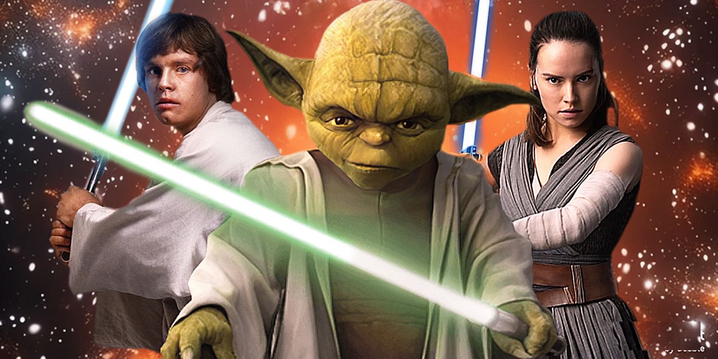 Luke Skywalker, Yoda, and Rey Skywalker from Star Wars