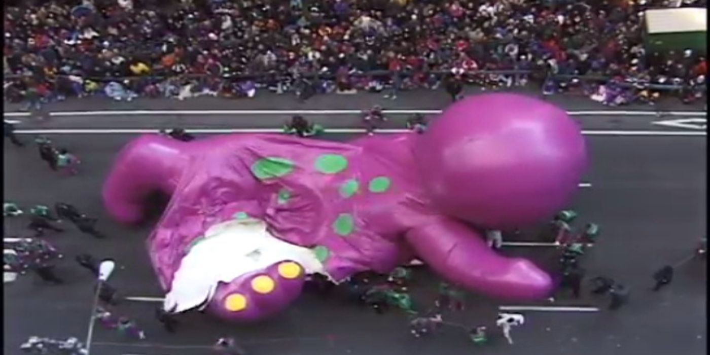 Barney is destroyed during the Macy&rsquo;s Thanksgiving Day Parade.