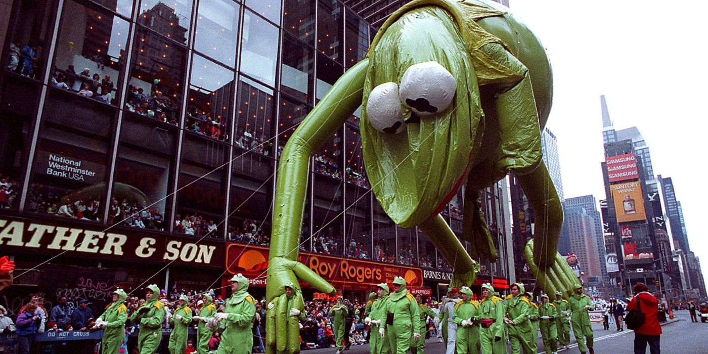 Kermit the Frog deflates during the Macy&rsquo;s Thanksgiving Day Parade.