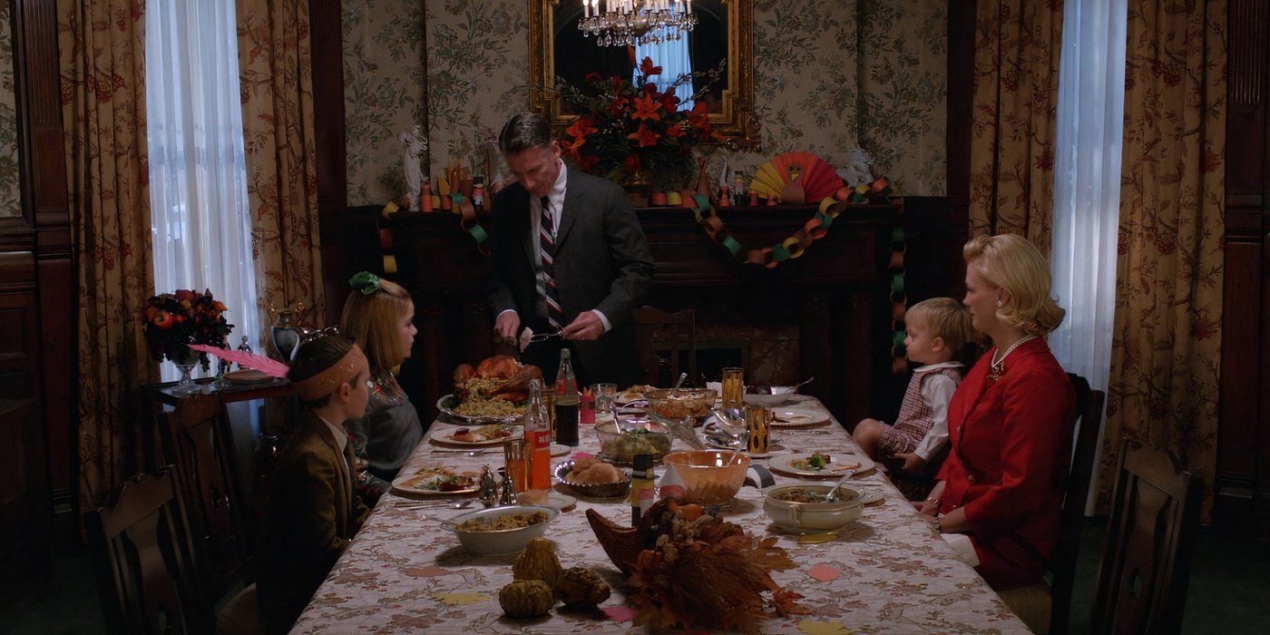 The Draper kids, January Jones as Betty &amp; Christopher Stanley as Henry at the Thanksgiving table in Mad Men.