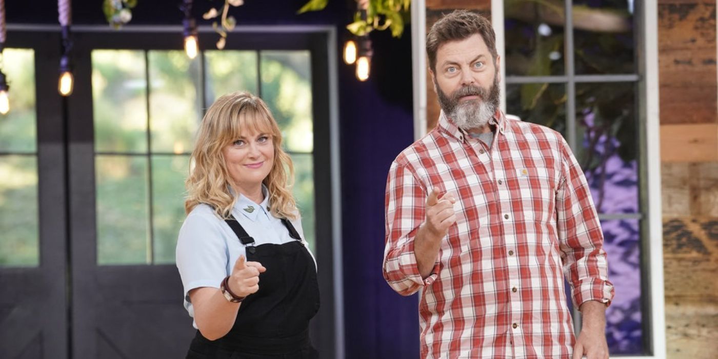 Amy Poehler and Nick Offerman point at the camera as they host the competition show Making It.