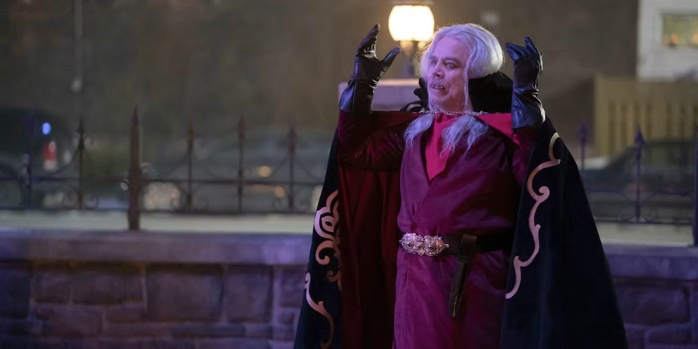 Mark Hamill as Jim the Vampire?with a richly embroidered cloak and costume on What We Do in the Shadows.