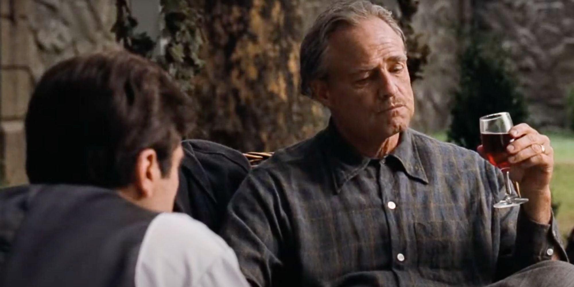 Marlon Brando sitting with a glass of wine in his hand while Al Pacino sits across from him with his back to the camera in The Godfather (1972)