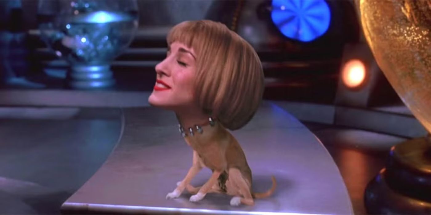 Sarah Jessica Parker as Nathalie Lake whose head has been grafted onto a small dog's body in Mars Attacks.