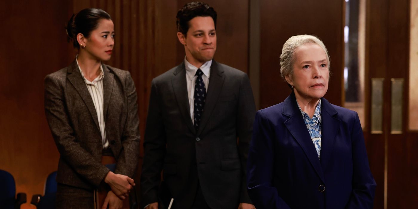 Leah Lewis, David Del Rio, and Kathy Bates standing in the courtroom