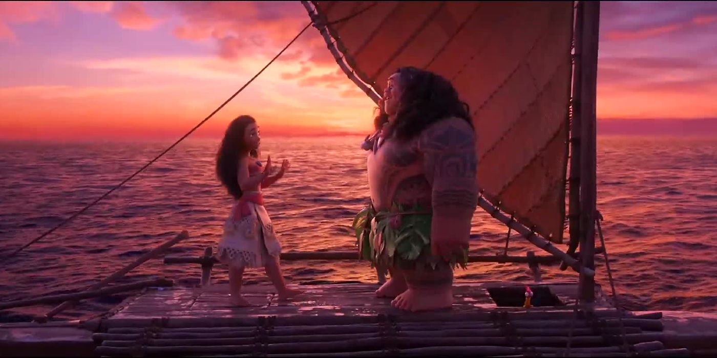 Moana and Maui talking on a small ship at the sea in Moana