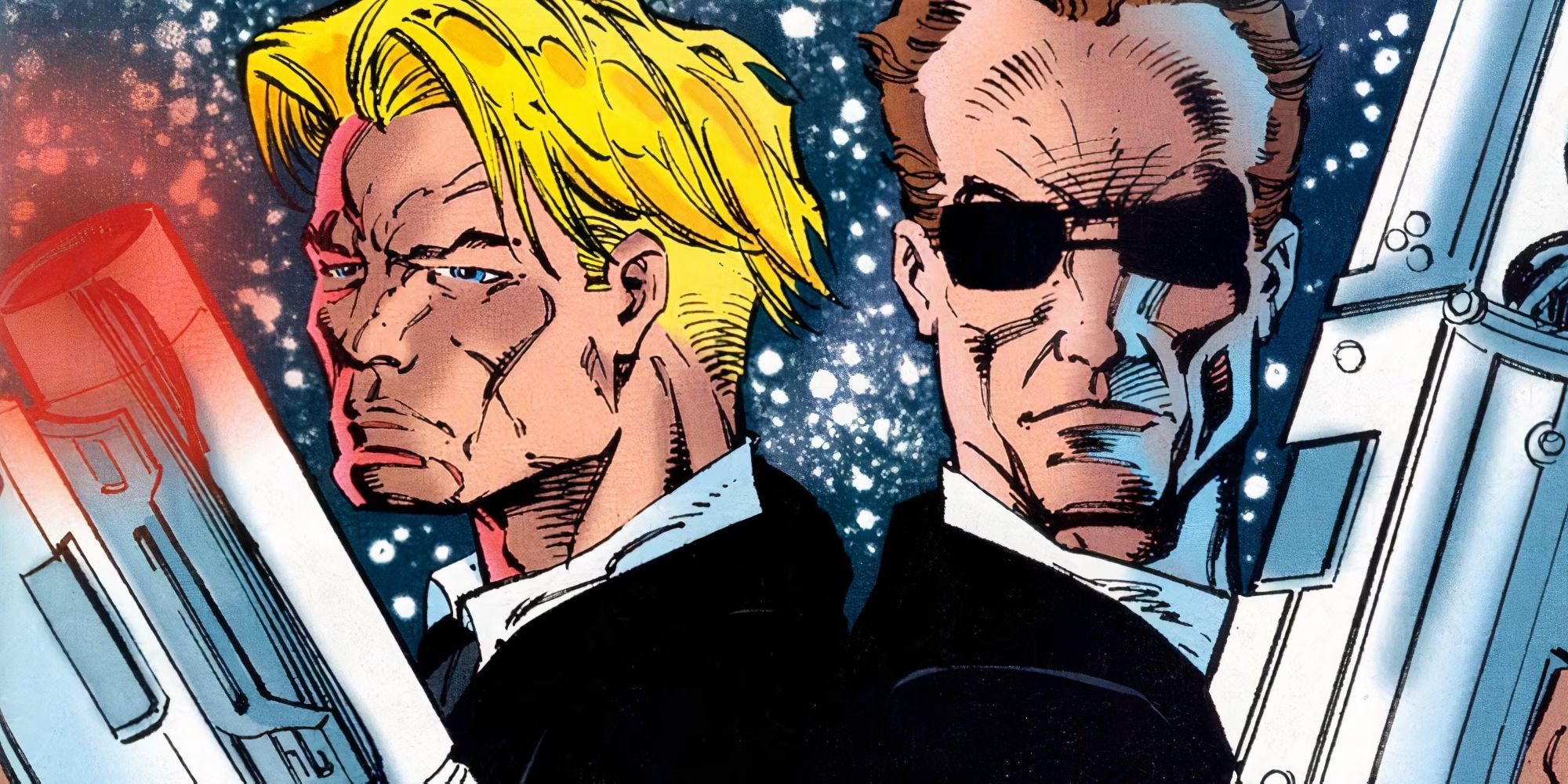 Agent J and K back to back holding weapons for the Marvel comic Men in Black.