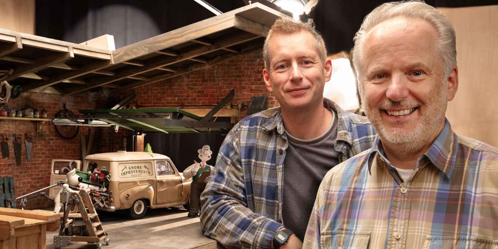 Directors Merlin Crossingham and Nick Park on the set of Wallace and Gromit: Vengeance Most Foul 