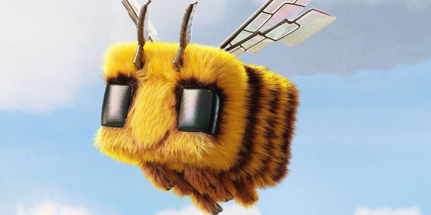 A Minecraft bee on the poster for A Minecraft Movie.