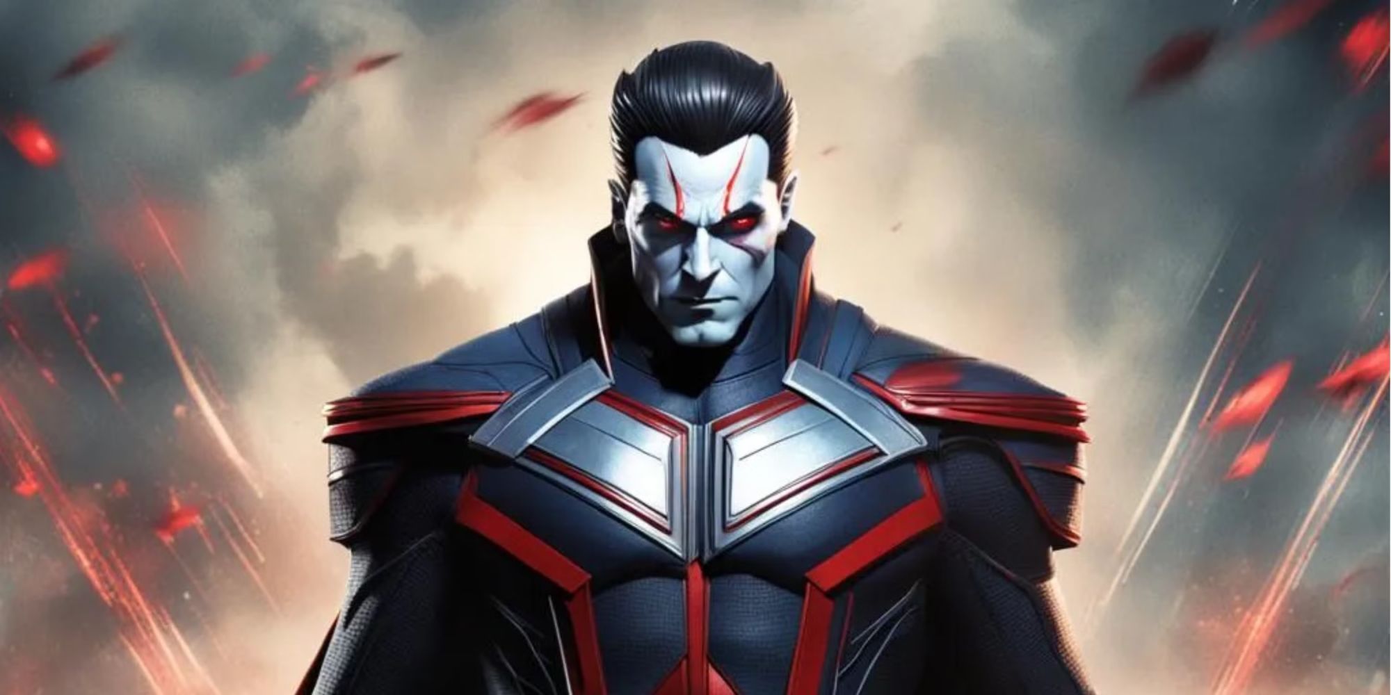 Mr. Sinister looks serious as smoke and explosions erupt in the background.