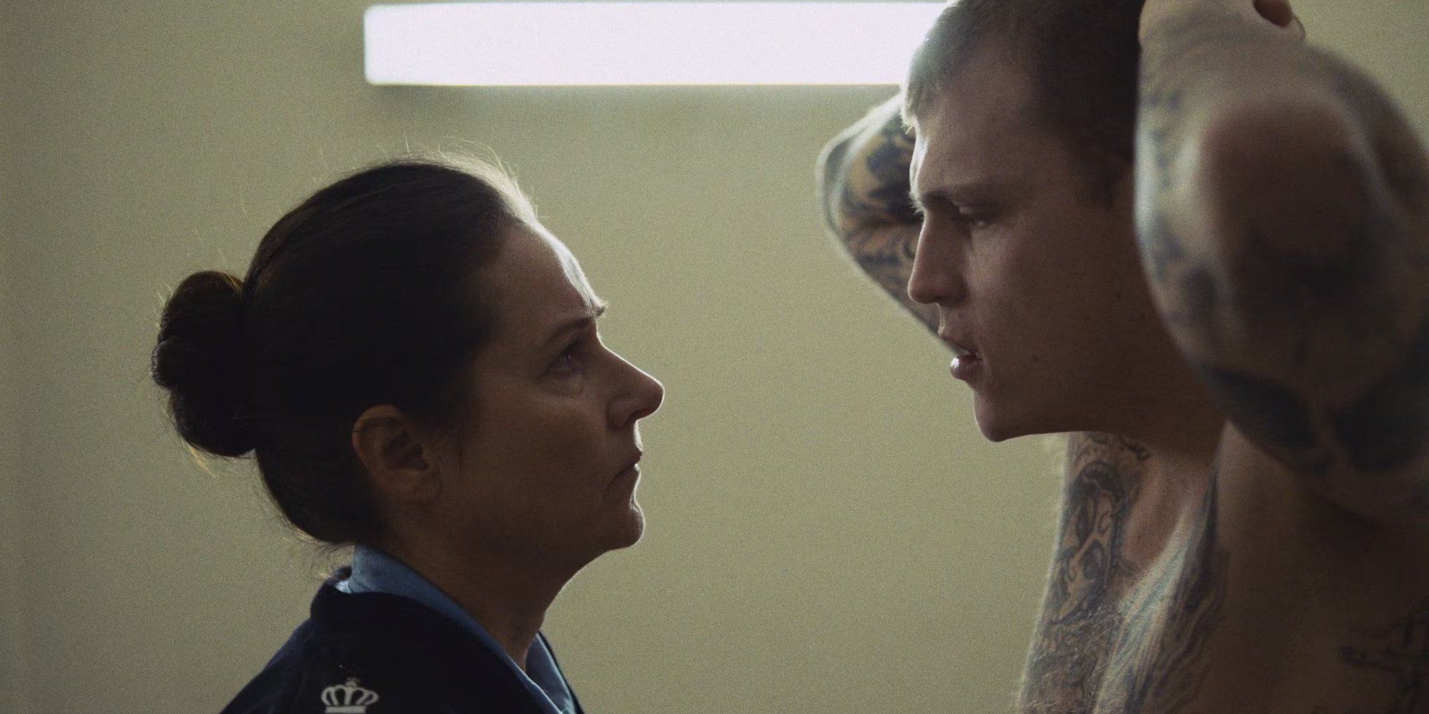 Sidse Babett Knudsen as Eva Hansen and Sebastian Bull as Mikkel in Sons 2024