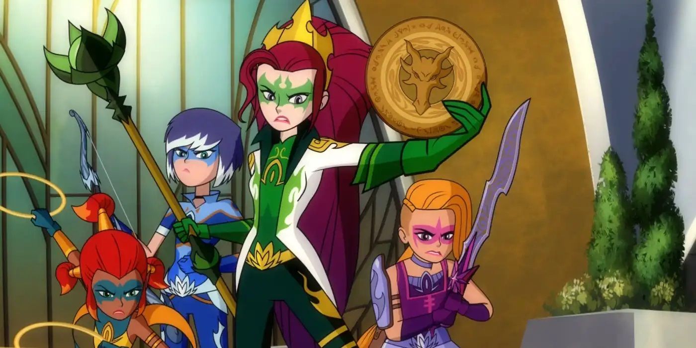 Piper, Zarya, Arkayna, and Emerald in their Mysticon forms, with Arcayna holding the Dragon Disk