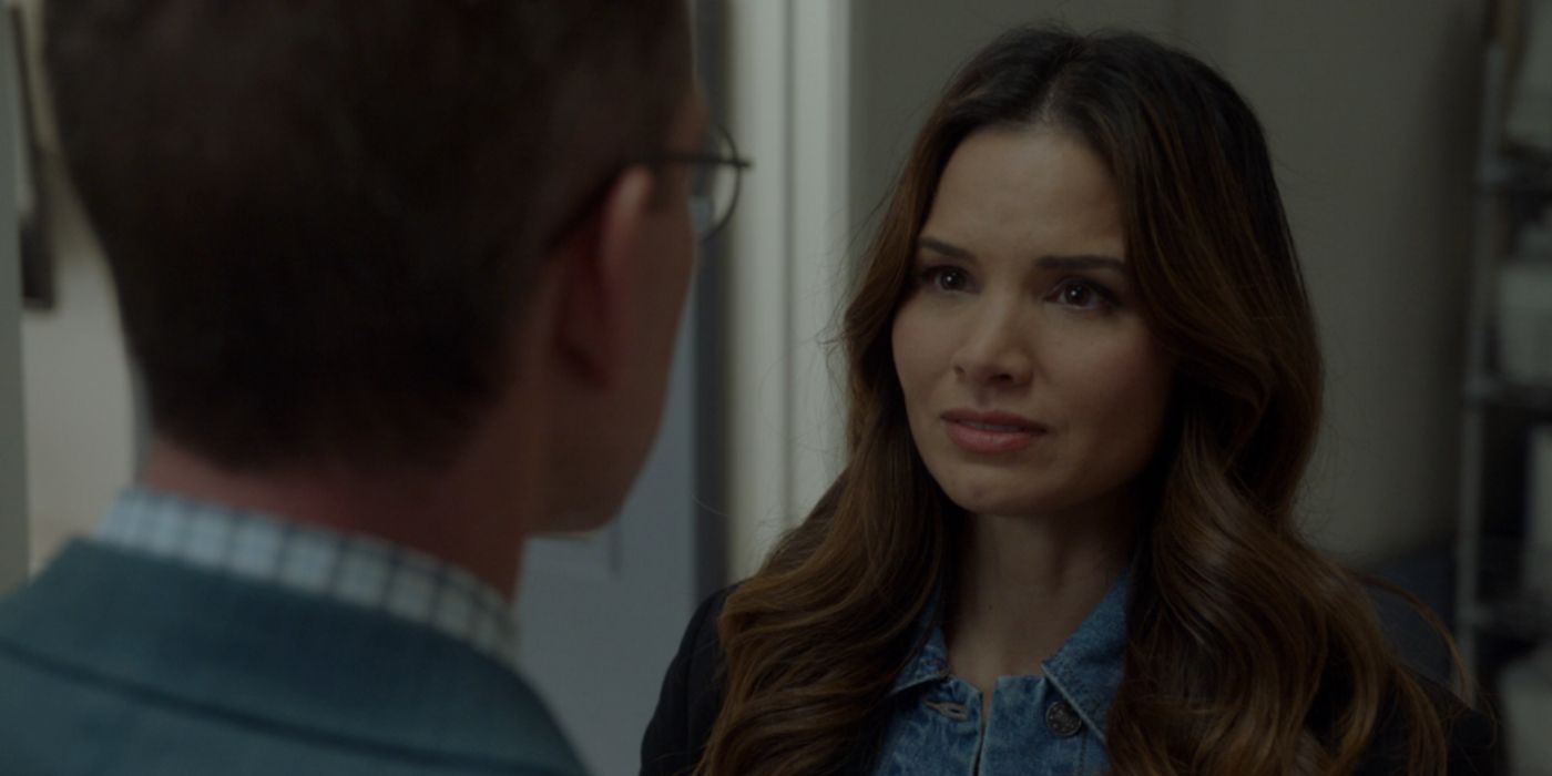 Jessica Knight (Katrina Law) tearing up while talking to Jimmy Palmer (Brian Dietzen) in NCIS