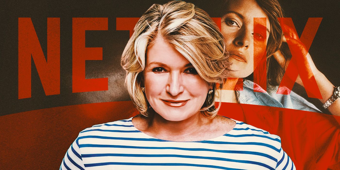 Martha Stewart stands in front of a picture of herself and a Netflix logo.