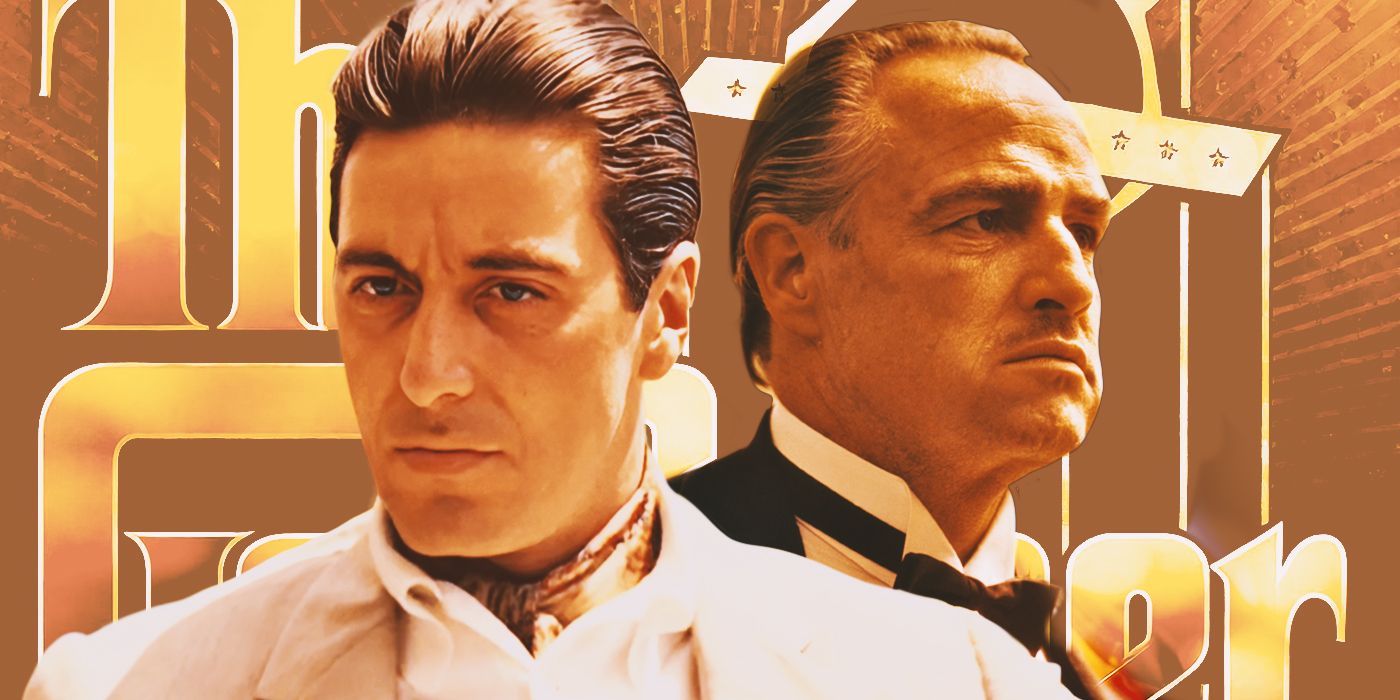 Actors Al Pacino and Marlon Brando looking in opposite directions, with the poster for the movie The Godfather behind them. 