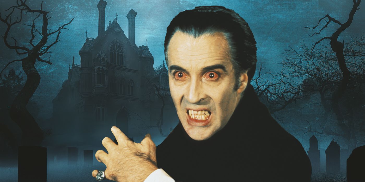 Count Dracula, played by actor Christopher Lee, bears his fangs in front of a foggy cemetary background, with a gothic castle looming behind him.