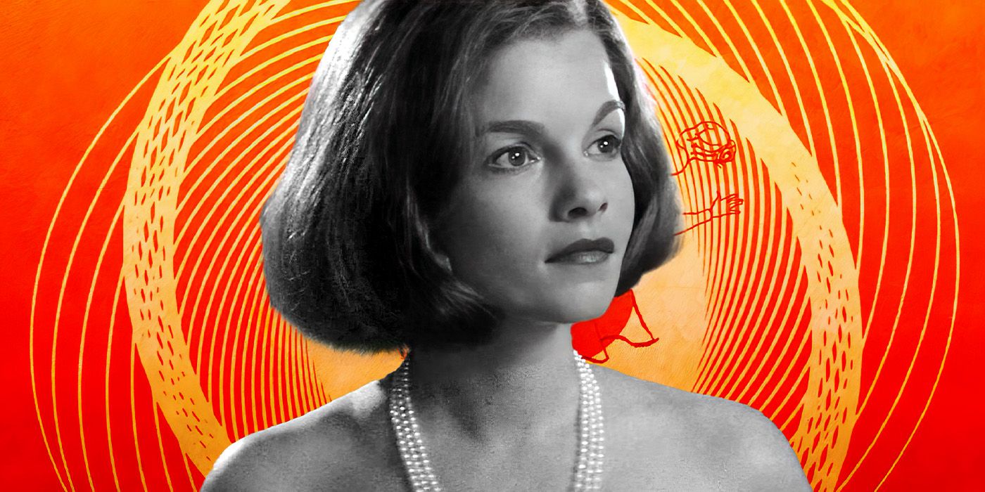 Sandra, played by actor?Geneviève Bujold, in black and white against the boldly colored background of Hitchcock's Vertigo poster.