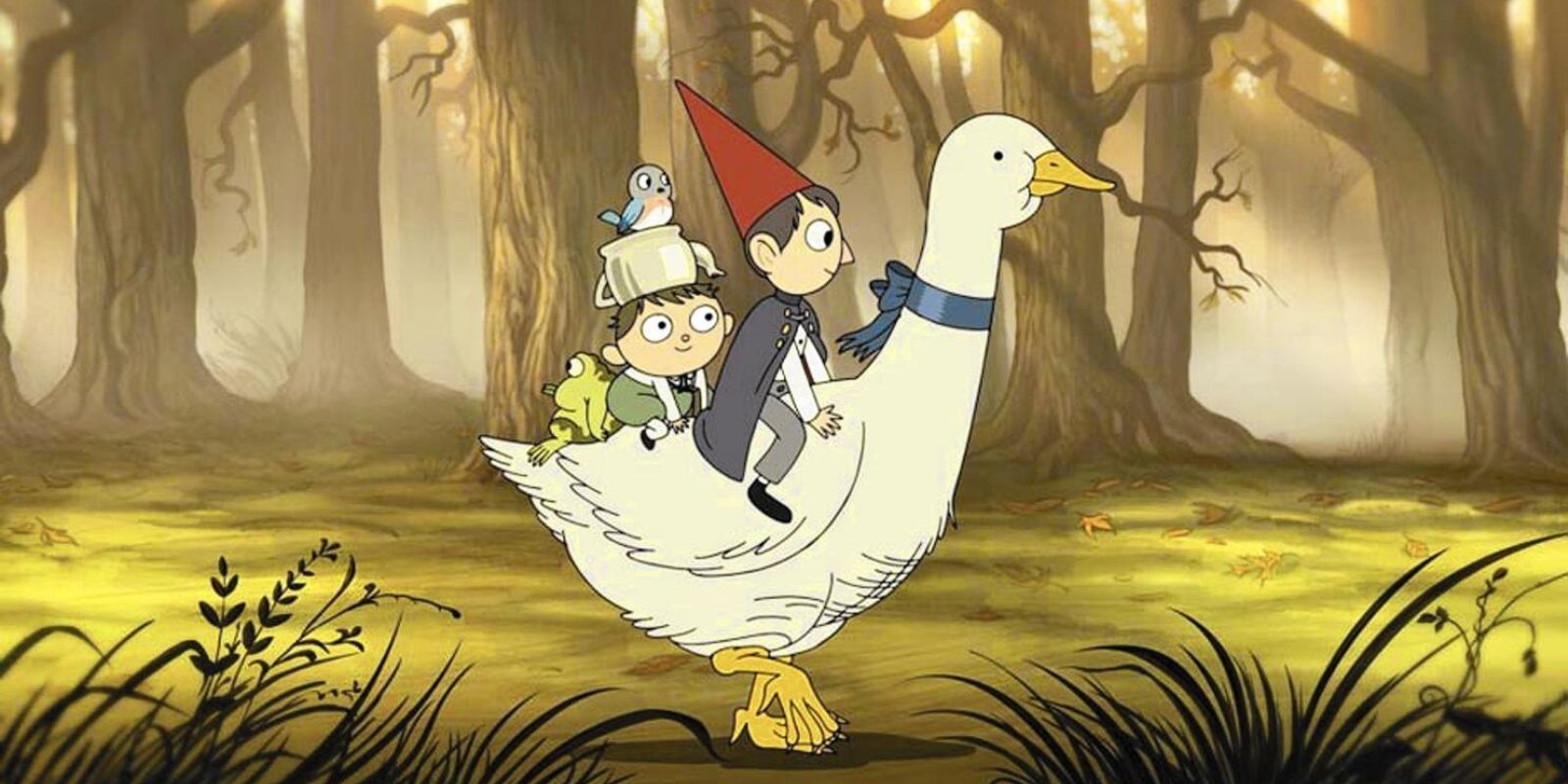A group of characters riding a goose throughout a forest in Over the Garden Wall