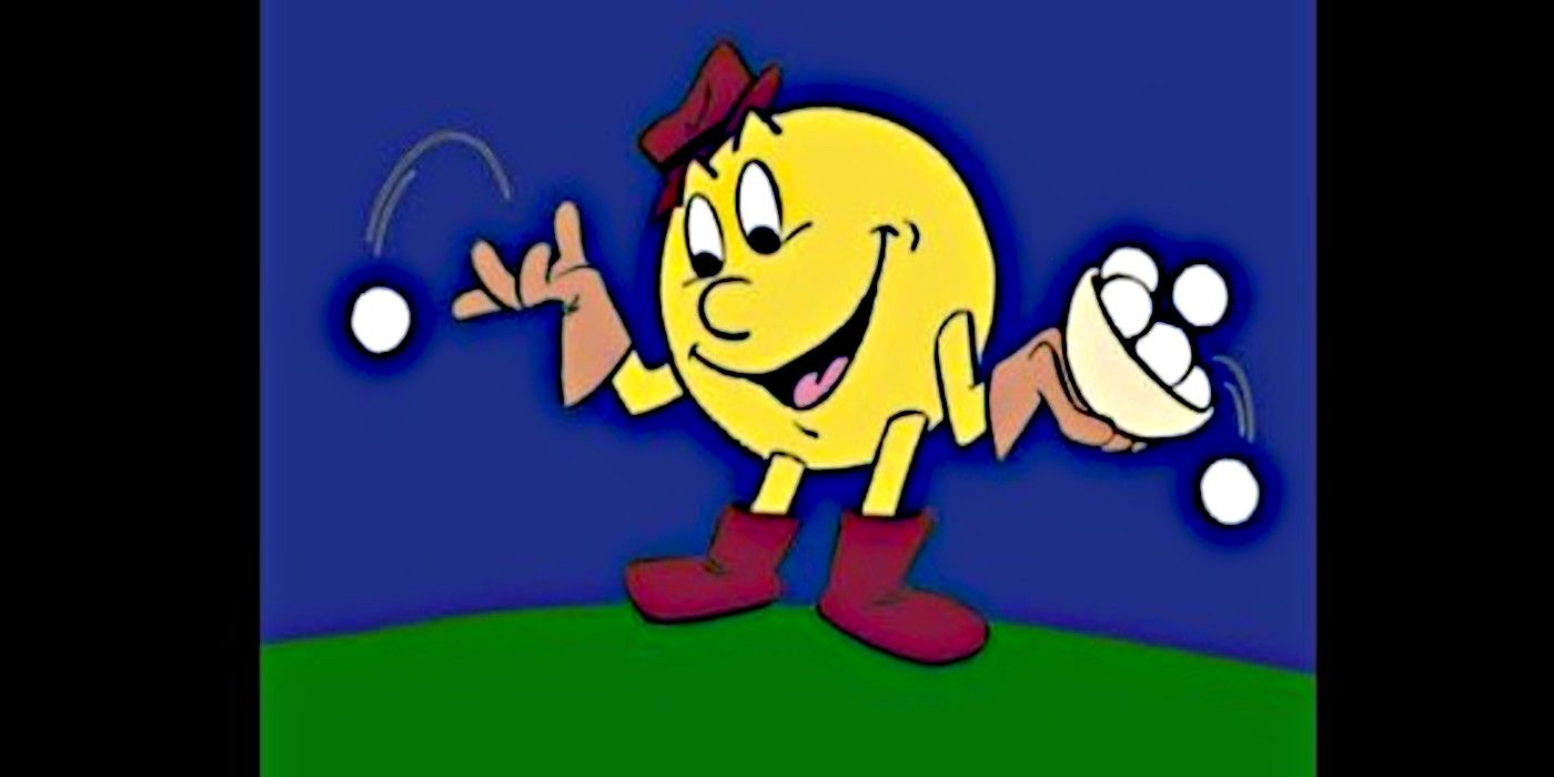 Pac-Man wearing boots and a hat, tosses a white dot from a bowl of dots he's holding in Pac-Man