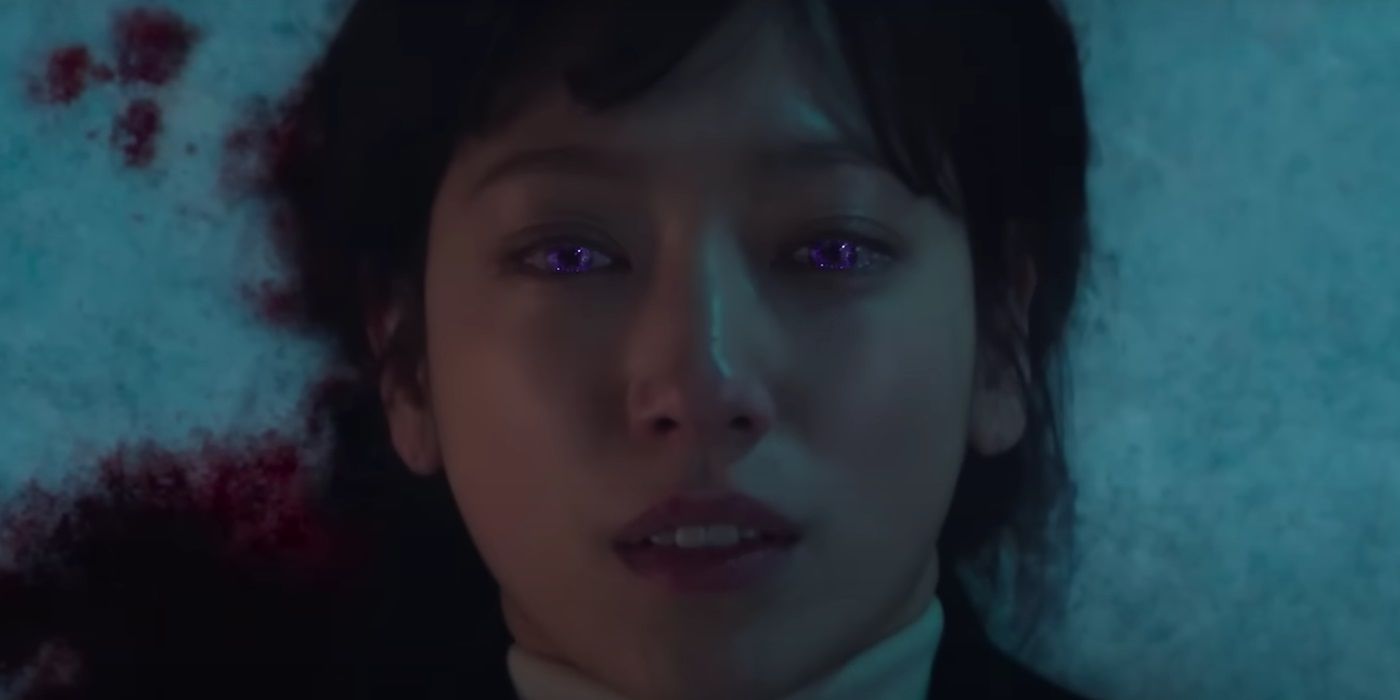 Park Shin-Hye, with blood on her and glowing eyes- as a possessed Kim Bit-Na in The Judge from Hell