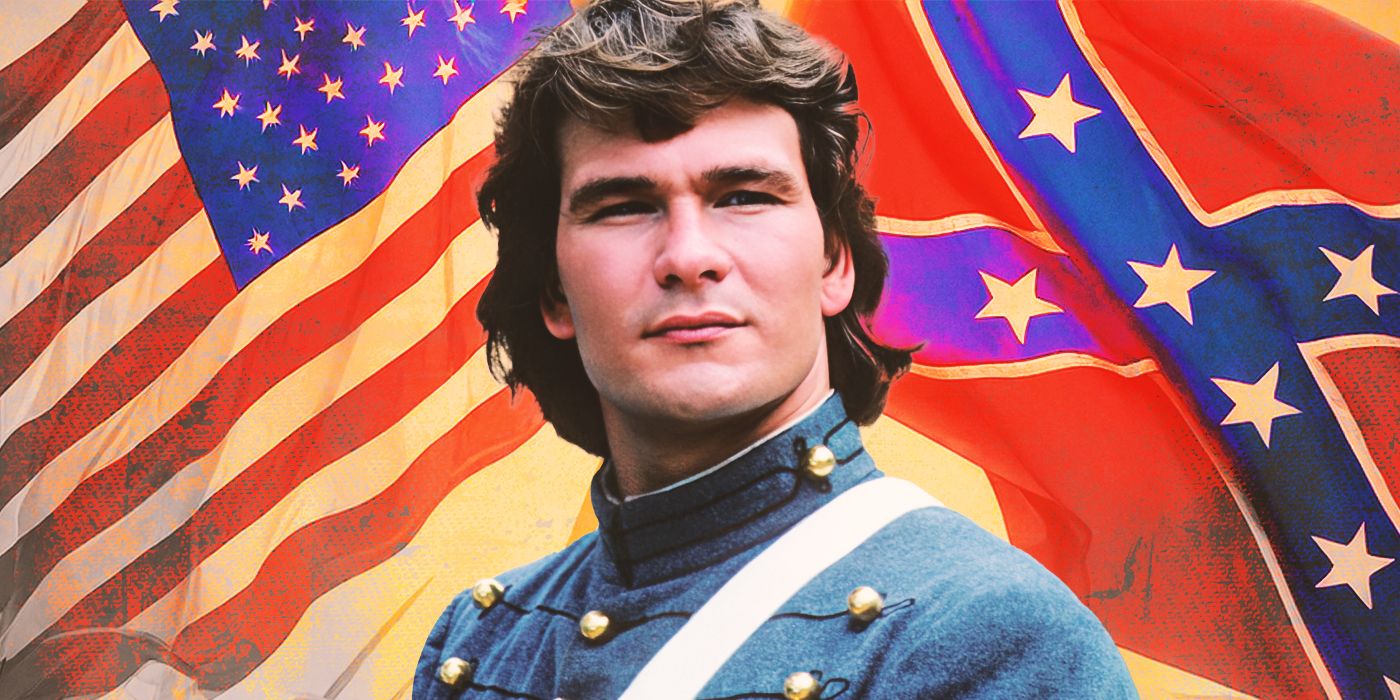 Patrick Swayze in a Civil War uniform in front of the American flag and the Confederate flag 