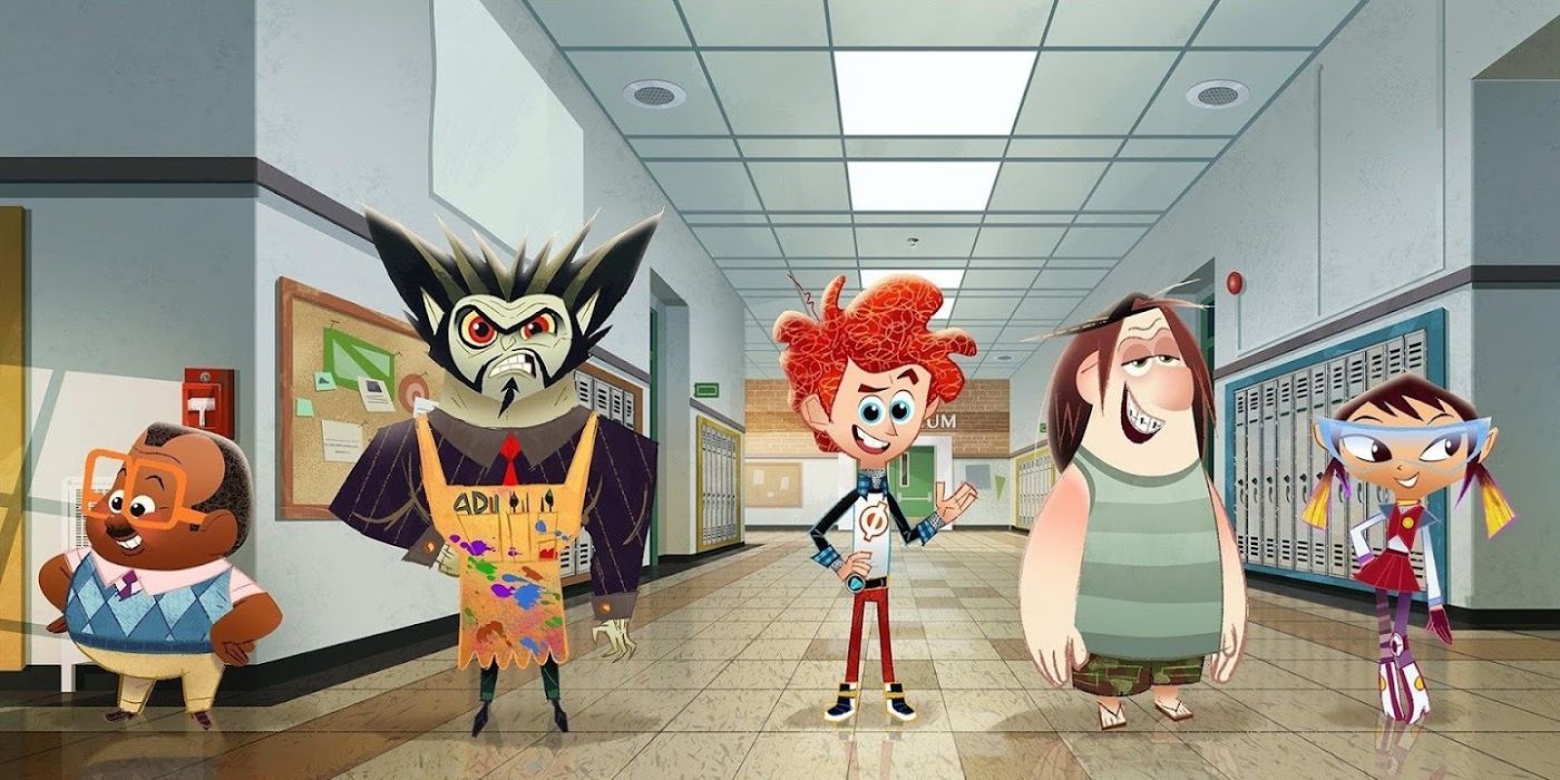 Larry, Rippen, Penn Zero, Boone, and Sashi standing in the hallway of their school