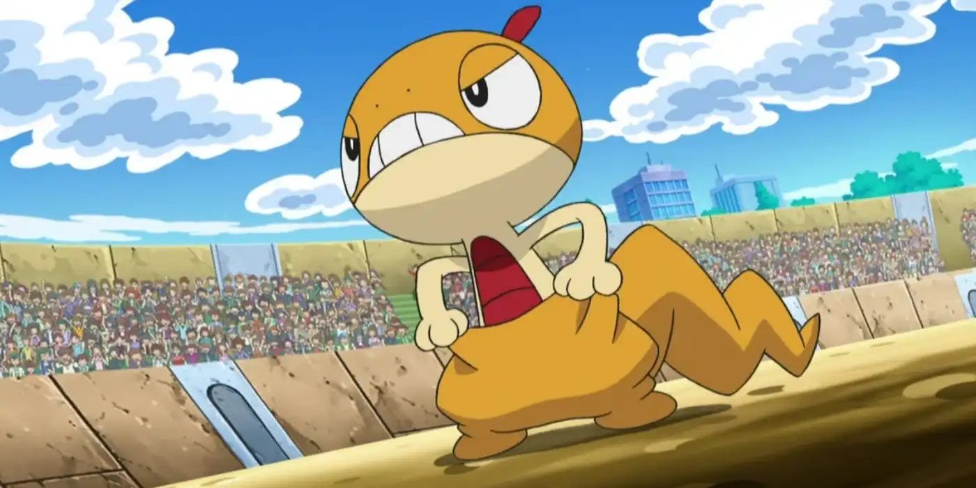 Ash's Scraggy holding its baggy skin