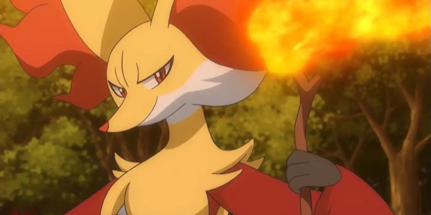 Delphox holds a flaming stick