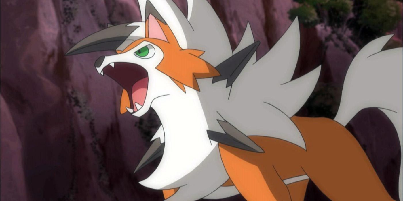 Ash's Dusk Lycanroc with his mouth open